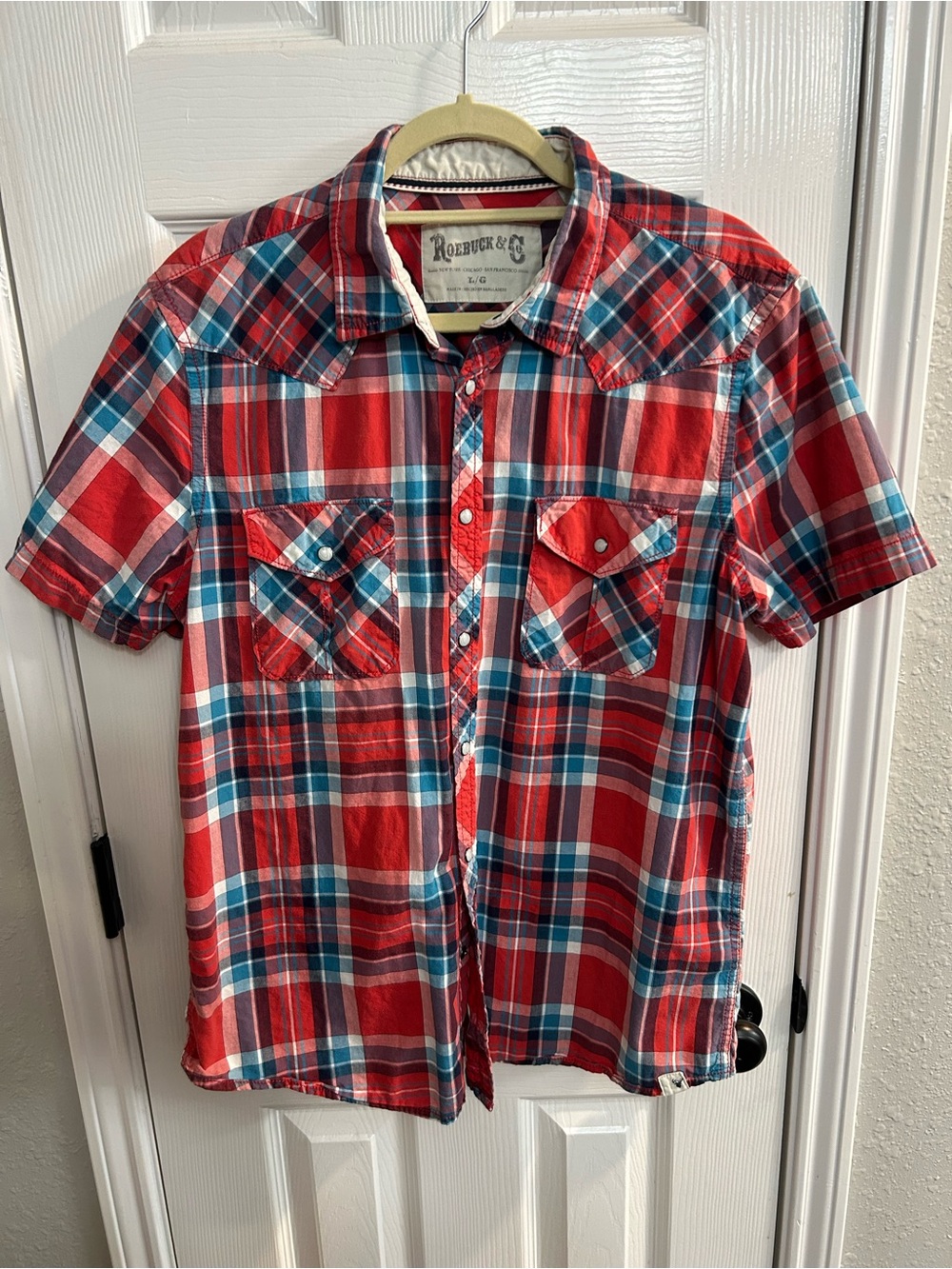 Roebuck & Co Men's large Pearl Snap Short Sleeve Western Shirt RedWhite/Blue